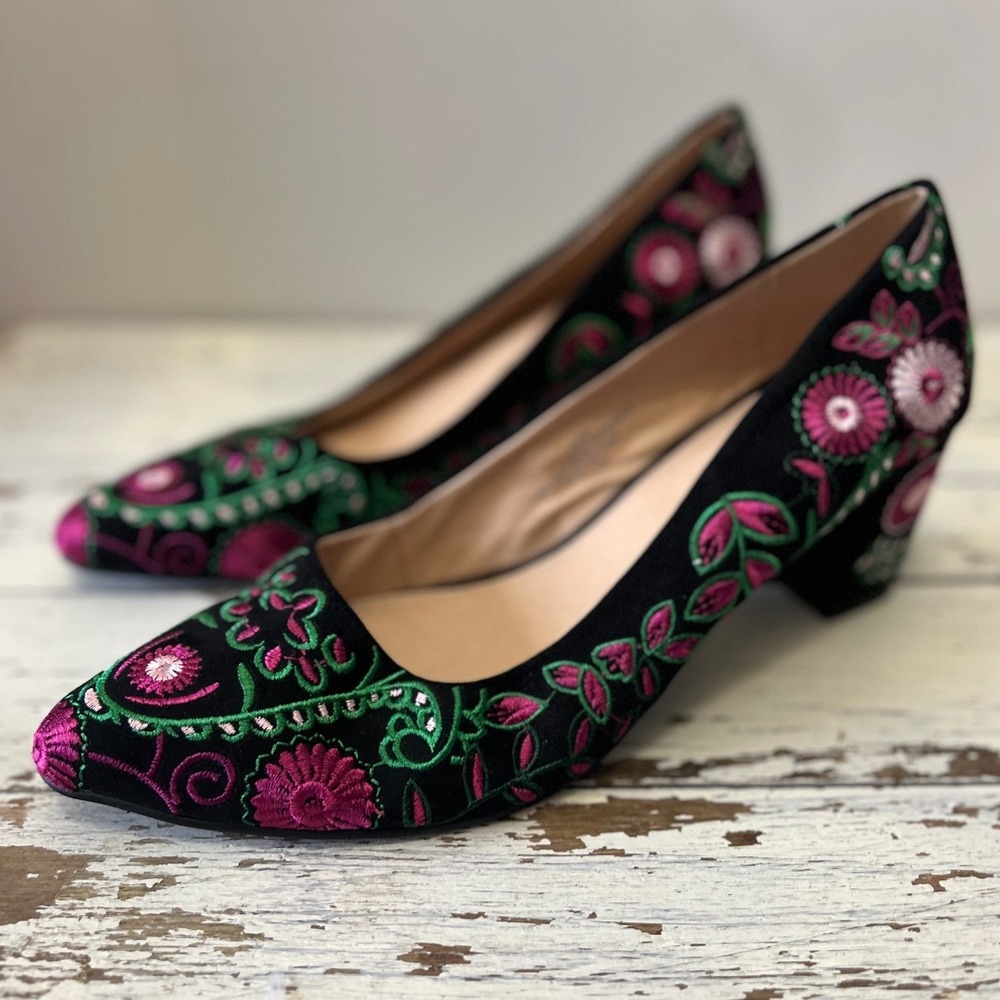 ELOQUII Embroidered Black Block Heel Pointed Toe Pumps Shoes Women's 11 Wide
